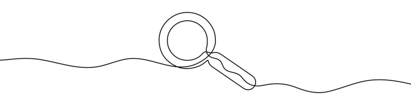 Continuous line drawing of loupe. Magnifier linear icon. One line drawing background. Vector illustration. Magnifier continuous line icon.