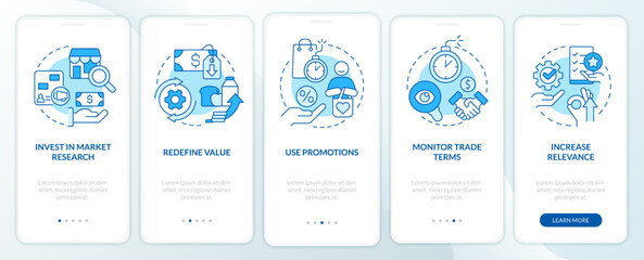 Managing prices blue onboarding mobile app screen. Inflation walkthrough 5 steps editable graphic instructions with linear concepts. UI, UX, GUI template. Myriad Pro-Bold, Regular fonts used