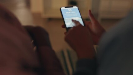 Poster - Hand, phone and contact us with a mobile in the hands of a woman online looking at a website or homepage. Searching, fingers and browsing with a smartphone being used for business research or an idea