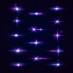 Fototapete - Purple lights star, sun rays, violet sparks sparkle. Blue glow star burst flare explosion light effect. Bright glitter glare bokeh. Set of transparent light streak and lens flares. Neon flare. Vector
