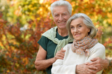 Canvas Print - Nice elderly couple in a autumn park