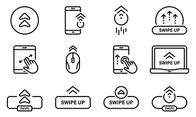 Poster - Swipe Button on Smartphone Computer Laptop Line Icon Set. Slide Action Social Media App Pictogram. Scroll Drag Click Touch Display Gesture Outline Icon. Editable Stroke. Isolated Vector Illustration