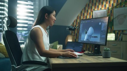 Poster - asian woman creating 3d model of video game character in professional program using computer and dig