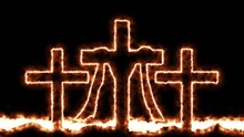 Animation Of The Cross Of Jesus Christ And The Cross Of The Two Thieves. Three Cross On Fire In Orange Color. Christian Religious Animation