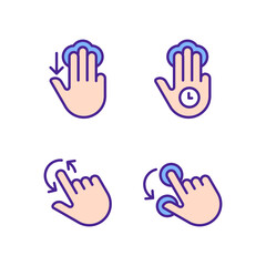 Sticker - Multi touch control pixel perfect RGB color icons set. Three finger tap and hold. Rotation function. Touchscreen. Isolated vector illustrations. Simple filled line drawings collection. Editable stroke