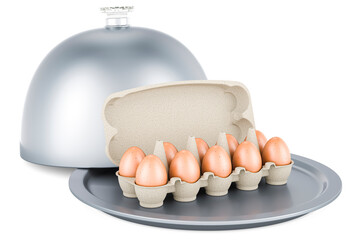 Poster - Restaurant cloche with eggs in an egg carton, 3D rendering