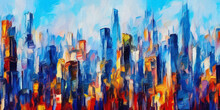 Oil Painting Skyscrapers Cityscape Panorama In Modern Post Impressionism Palette Knife Style. Banner, Canvas, Poster, Print Design. Trendy Wall Art Print. Acrylic Paint Towers And Houses Facades