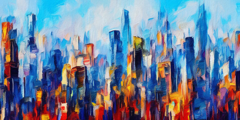 Oil painting skyscrapers cityscape panorama in modern post impressionism palette knife style. Banner, canvas, poster, print design. Trendy wall art print. Acrylic paint towers and houses facades