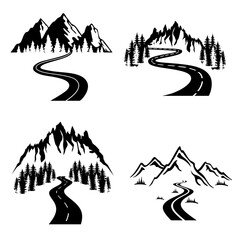 Wall Mural - Highway in mountains icon vector set. Forest road illustration sign collection. Travel symbol. Trip logo.