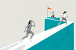 Leinwandbild Motiv Composite collage picture of three people black white colors running hurry finish flag isolated on creative background