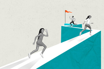 Aufkleber - Composite collage picture of three people black white colors running hurry finish flag isolated on creative background