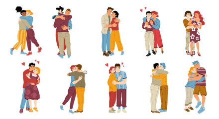 Happy love couples hug. Concept of romantic relationships, homosexual love. Diverse gays, lesbian and heterosexual people embrace isolated on white background, vector flat illustration