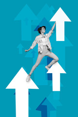 Aufkleber - Creative 3d collage artwork postcard poster sketch of hardworking lady person moving ahead big arrow isolated on drawing background