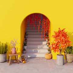 Wall Mural - Passage with stairs and Autumn seasonal decorations, pumpkin and colorful plants. Thanksgiving day background 3d render 3d illustration