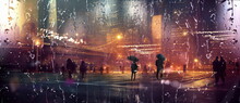Rainy Street  In New York,pedestrian Walk With Umbrellas Night Blurred Light Rain Drops On Window Glass Background Banner Rainy Autumn Season Urban Lifestyle
