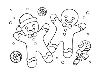 Gingerbread man cookies with peppermint and candy cane outline line art doodle cartoon illustration. Winter Christmas theme coloring book page activity for kids and adults.