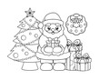 © Aletheia Shade - Santa Claus with gifts, wreath and Christmas tree outline line art doodle cartoon illustration. Winter Christmas theme coloring book page activity for kids and adults.