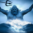 3d graphic illustration of greek god of sea poseidon or neptune as big figure standing up from the sea and holding his weapon trident