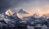 Fototapeta Fototapety góry  - View of the Himalayas during a foggy sunset night - Mt Everest visible through the fog with dramatic and beautiful lighting