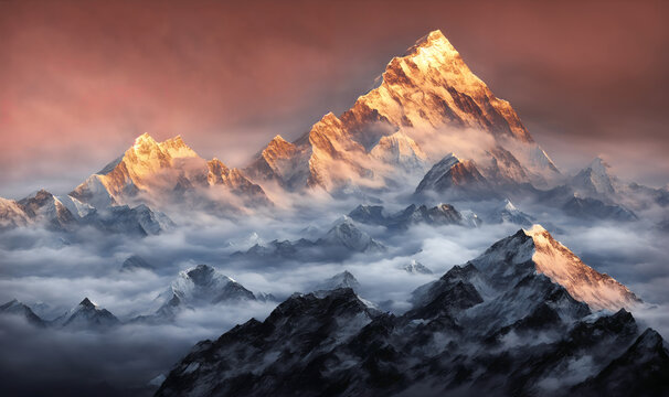 view of the himalayas during a foggy sunset night - mt everest visible through the fog with dramatic