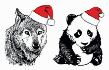 Graphical  Wolf And Panda In Santa Claus Hats Isolated On White,vector New Year Elements For Christmas Design