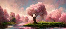 Magical Forest Of Pink Cherry Blossom Trees, Tranquil Surreal Fantasy With Stylized Pastel Background. Vibrant Hues, Colorful Outdoor Scenery - Wondrous Fairy Fantasia Kingdom.