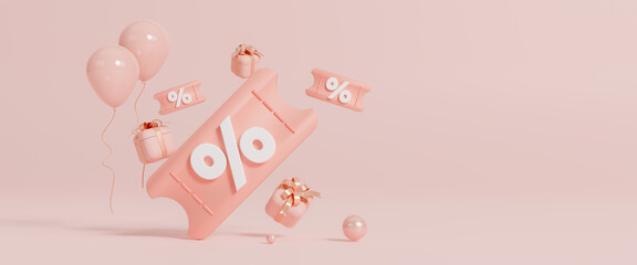 Gift card and promotion strategy, gift voucher, discount coupon and gift certificate concept. Loyalty program for customers, profitable purchases. Online shopping discount banner,copy space. 3d render