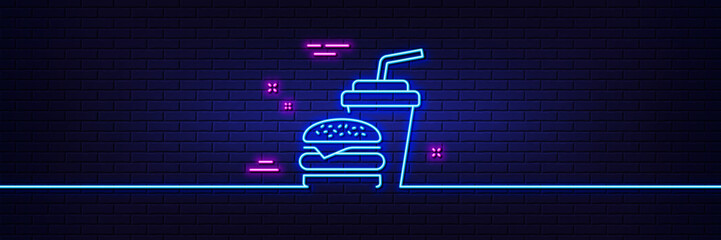 Wall Mural - Neon light glow effect. Hamburger with drink line icon. Fast food restaurant sign. Hamburger or cheeseburger symbol. 3d line neon glow icon. Brick wall banner. Hamburger outline. Vector