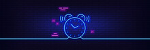 Neon Light Glow Effect. Alarm Clock Line Icon. Time Sign. Watch Symbol. 3d Line Neon Glow Icon. Brick Wall Banner. Alarm Clock Outline. Vector