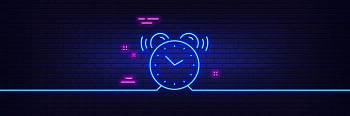 Poster - neon light glow effect. alarm clock line icon. time sign. watch symbol. 3d line neon glow icon. bric