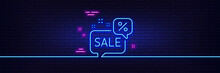Neon Light Glow Effect. Discounts Chat Bubble Line Icon. Sale Offer Sign. Promotion Price Symbol. 3d Line Neon Glow Icon. Brick Wall Banner. Discounts Bubble Outline. Vector