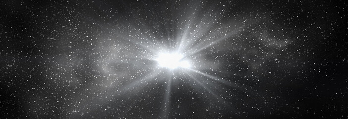 Wall Mural - burst of light in space. night black starry sky and bright galaxy, horizontal background banner