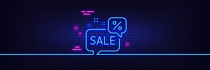 Neon light glow effect. Discounts chat bubble line icon. Sale offer sign. Promotion price symbol. 3d line neon glow icon. Brick wall banner. Discounts bubble outline. Vector