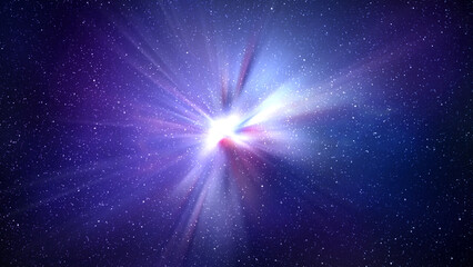 Wall Mural - Burst of light in space. Night blue starry sky horizontal background