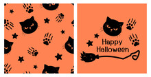 Seamless Pattern With Black Cat, Scratch, Paw Print And Stars On Orange Background. Hand Drawn Halloween Elements Vector Illustration.