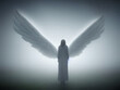© Jenar - computer illustration of white female angel with wings in fog and dreamy cinematic look staying backwards