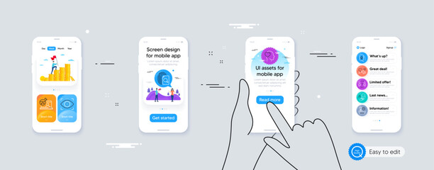 Set of Friend, Eye detect and Delegate question line icons. Phone ui interface. Include Presentation time, Online chemistry, Inspect icons. Award app, Dont touch, Lawyer web elements. Vector