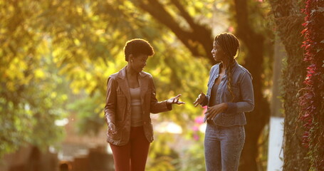 Wall Mural - Two women in conversation outside in street with sunlight