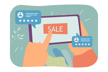 Poster - Hands of customer holding phone with word sale on screen. Excellent or positive reviews of shop or store reviews flat vector illustration. Discount, shopping, feedback concept for banner