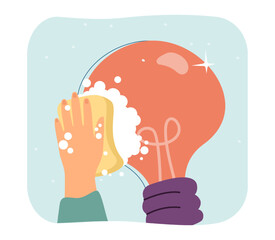 Poster - Hand cleaning lightbulb with sponge and soap. Brand new idea, person making bulb clean flat vector illustration. Start-up, creativity, hygiene, innovation concept for banner or landing web page