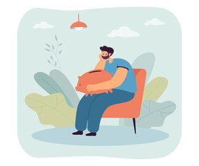 Aufkleber - sad man sitting on chair with piggybank. upset guy without money holding piggy bank flat vector illu