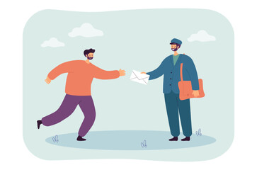 Poster - Happy cartoon postal worker giving envelope to man. Male character receiving letter from courier flat vector illustration. Mail, communication, delivery service, correspondence concept for banner