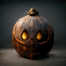 Vintage Funny Halloween Pumpkin Design. Jack-O-Lantern With Evil Grin Face. Seasonal Creative Carving Food With Anthropomorphic Face. Celebration Of Autumn October Event. Halloween Pumpkin Design