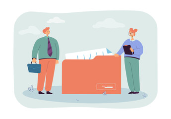 Aufkleber - Tiny office workers and huge folder with documents. Company people standing next to file flat vector illustration. Information, business concept for banner, website design or landing web page