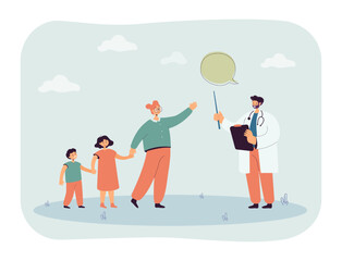 Wall Mural - Mother bringing children to pediatrician. Child doctor giving recommendation or medical advice flat vector illustration. Family, healthcare concept for banner, website design or landing web page