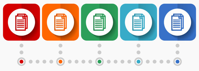 Fototapete - Document, file, copy vector icons, infographic template, set of flat design symbols in 5 color options