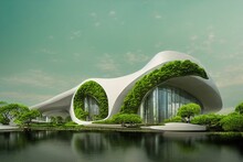 Futuristic Asian Architecture Green Eco City. Japanese Skyscraper With Green Vegetation. Fantasy Apartment In Ecology Place. Architectural Exterior Surrounded Greenery And Lake
