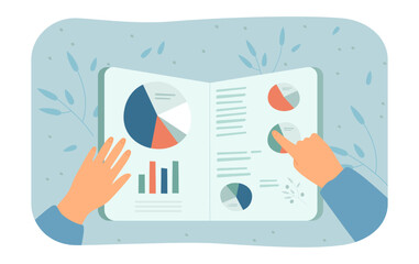 Hands of person studying book with charts and diagrams. Character learning about business or making report flat vector illustration. Business, education concept for banner or landing web page