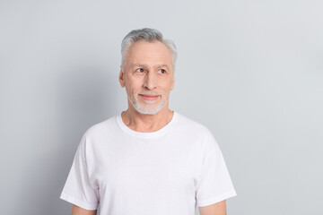 Poster - Photo of cute elder man look promo wear white t-shirt isolated on grey color background