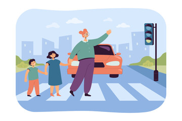 Aufkleber - Mother or teacher crossing road with children. Woman and kids on crosswalk in front of car flat vector illustration. Education, parenting, safety concept for banner, website design or landing web page